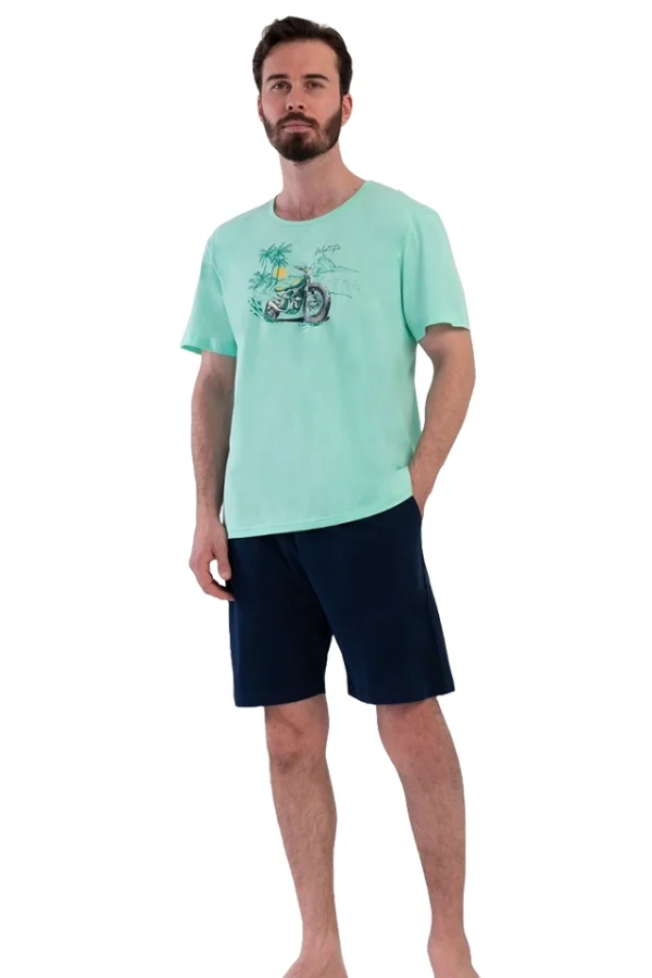 Pijamale barbati, Vienetta Man, model Moto Rider, bumbac, buzunare, bleumarin/albastru aquamarin