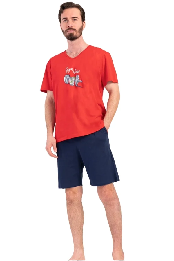 Pijamale barbati, Vienetta Man, model Sport Lounge, bumbac, buzunare, rosu/bleumarin