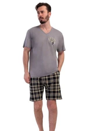 Pijamale barbati, Vienetta Man, model Chess Play bumbac, buzunare, gri