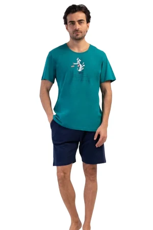 Pijamale barbati, Vienetta Man, model Playing Ultimate, bumbac, buzunare, verde/bleumarin