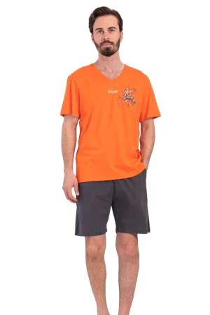Pijamale barbati, Vienetta Man, model Outdoor Adventure, bumbac, buzunare, gri/portocaliu