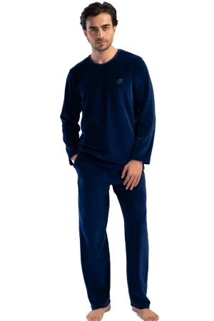 Pijamale barbati, Vienetta Man, model Cube Blue, catifea/velur, buzunare, bleumarin