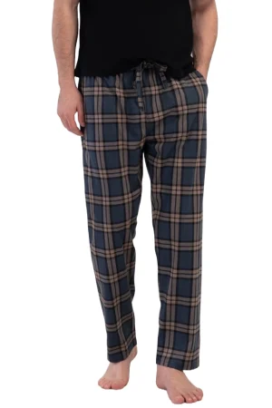 Pantaloni de pijama barbati, Vienetta Man, model Velvet Nest, bumbac, carouri, buzunare, bleumarin/maro