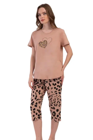 Pijamale dama Vienetta, model Big Butterfly Heart, bumbac, maro cafeniu