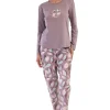 Pijamale dama, Vienetta, model Find your own Happiness, bumbac, bej/mov