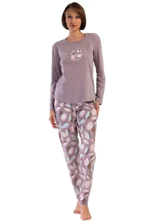 Pijamale dama, Vienetta, model Find your own Happiness, bumbac, bej/mov