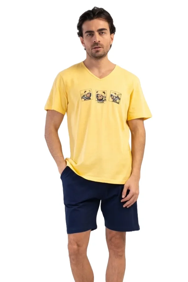 Pijamale barbati, Vienetta Man, model Espace, bumbac, buzunare, galben/bleumarin