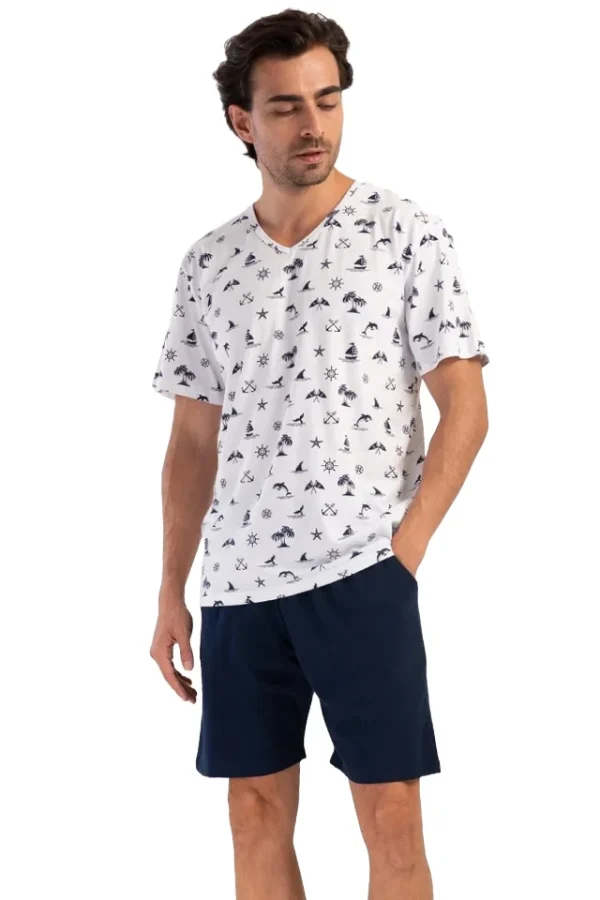 Pijamale barbati, Vienetta Man, model Talvaires, bumbac, buzunare, alb/bleumarin