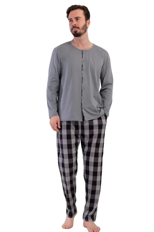 Pijamale barbati, Vienetta Man, model Classic Button, bluza cu nasturi, buzunare, bumbac