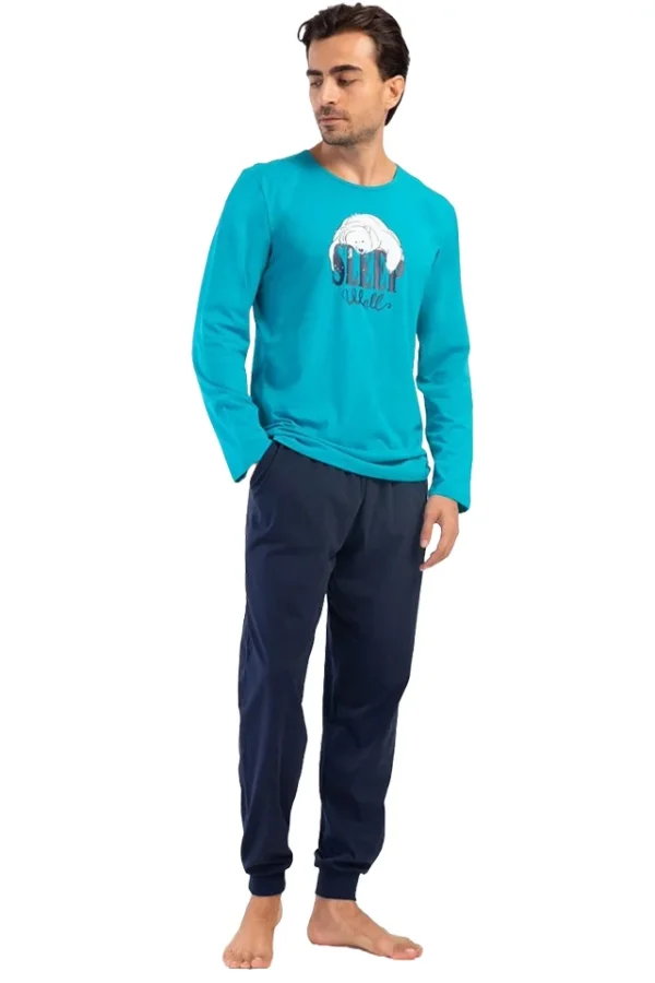 Pijamale barbati, Vienetta Man, model Sleep Well, bumbac, mansete la pantaloni, buzunare, albastru