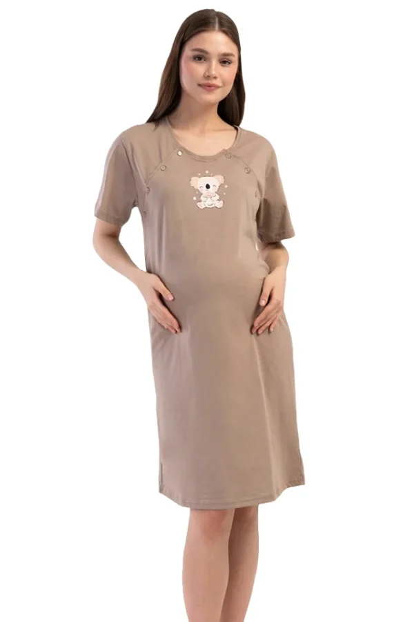 Camasa pentru alaptat, Vienetta, model Sweety Koala, pentru mamici, bumbac, orificii laterale pentru alaptat incheiate cu nasturi, maro camel