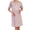 Camasa pentru alaptat, Vienetta, model Velvet Maternity, pentru mamici, bumbac, orificii laterale pentru alaptat incheiate cu nasturi, roz prafuit