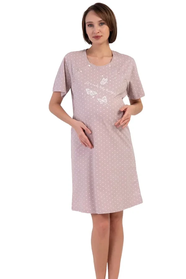 Camasa pentru alaptat, Vienetta, model Velvet Maternity, pentru mamici, bumbac, orificii laterale pentru alaptat incheiate cu nasturi, roz prafuit
