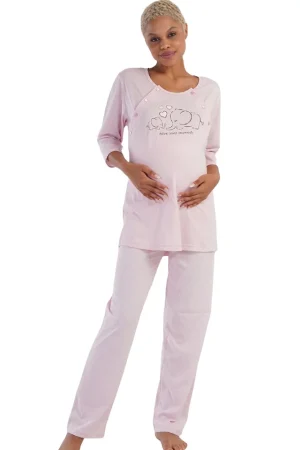 Pijamale dama, gravide, Vienetta, Have You Ones Moment, pentru mamici, bumbac, orificii laterale pentru alaptat incheiate cu nasturi, roz