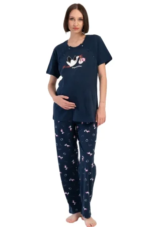 Pijamale dama, Vienetta, Ones Moment, pentru mamici, bumbac, orificii laterale pentru alaptat incheiate cu nasturi, bleumarin