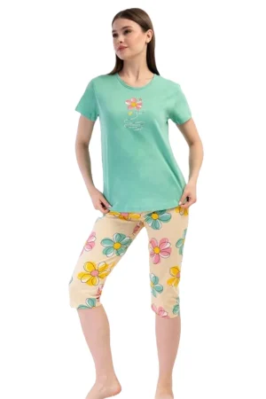 Pijamale dama, Vienetta, model Lime & Sun, bumbac, galben/verde