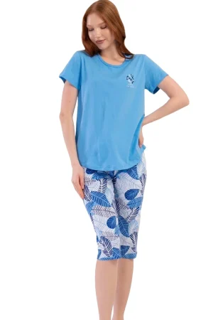 Pijamale dama, Vienetta, model Floral Breeze, bumbac, albastru