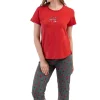 Pijamale dama, Vienetta, model Spring Bloom, maneci scurte si pantaloni 3/4, bumbac, rosu