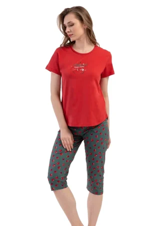 Pijamale dama, Vienetta, model Spring Bloom, maneci scurte si pantaloni 3/4, bumbac, rosu