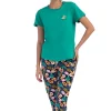 Pijamale dama, Vienetta, model Spring with flowers, maneci scurte si pantaloni 3/4, bumbac, verde
