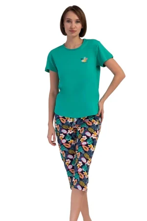 Pijamale dama, Vienetta, model Spring with flowers, maneci scurte si pantaloni 3/4, bumbac, verde