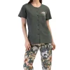 Pijamale dama, Vienetta, model Spring Flowers Green, bluza incheiata cu nasturi, maneci scurte si pantaloni 3/4, bumbac, verde militar