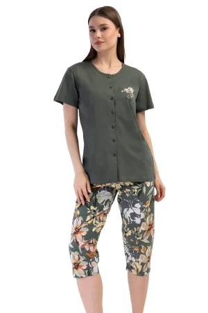 Pijamale dama, Vienetta, model Spring Flowers Green, bluza incheiata cu nasturi, maneci scurte si pantaloni 3/4, bumbac, verde militar