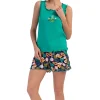 Pijamale dama, Vienetta, model Flora Whisper, bluza tip maiou si pantaloni scurti, bumbac, verde