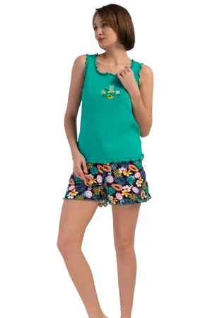 Pijamale dama, Vienetta, model Flora Whisper, bluza tip maiou si pantaloni scurti, bumbac, verde