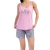 Pijamale dama, Vienetta, model You Decide, bluza tip maiou cu bretele inguste si pantaloni scurti, bumbac, roz/gri