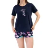 Pijamale dama, Vienetta, model Happy Giraffe, bluza cu maneci scurte si pantaloni scurti, bumbac, bleumarin