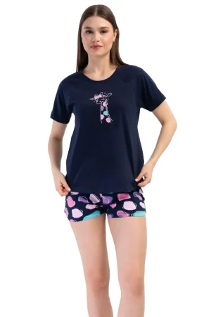 Pijamale dama, Vienetta, model Happy Giraffe, bluza cu maneci scurte si pantaloni scurti, bumbac, bleumarin
