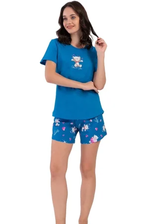 Pijamale dama, Vienetta, model Much Love, bluza cu maneci scurte si pantaloni scurti, bumbac, albastru