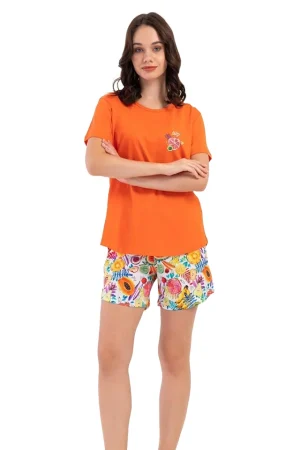 Pijamale dama, Vienetta, model Orange Sunny, bluza cu maneci scurte si pantaloni scurti, bumbac, portocaliu