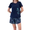 Pijamale dama, Vienetta, model Big Flower, bluza cu maneci scurte si pantaloni scurti, bumbac, bleumarin
