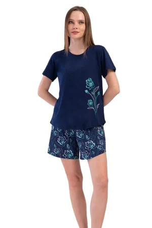 Pijamale dama, Vienetta, model Big Flower, bluza cu maneci scurte si pantaloni scurti, bumbac, bleumarin