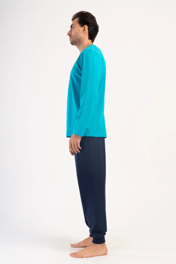 Pijamale barbati, Vienetta Man, model Sleep Well, bumbac, mansete la pantaloni, buzunare, albastru - imagine 4