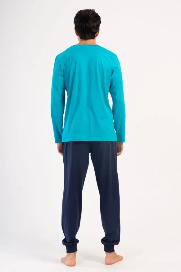 Pijamale barbati, Vienetta Man, model Sleep Well, bumbac, mansete la pantaloni, buzunare, albastru - imagine 2