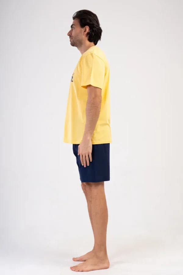Pijamale barbati, Vienetta Man, model Espace, bumbac, buzunare, galben/bleumarin - imagine 4