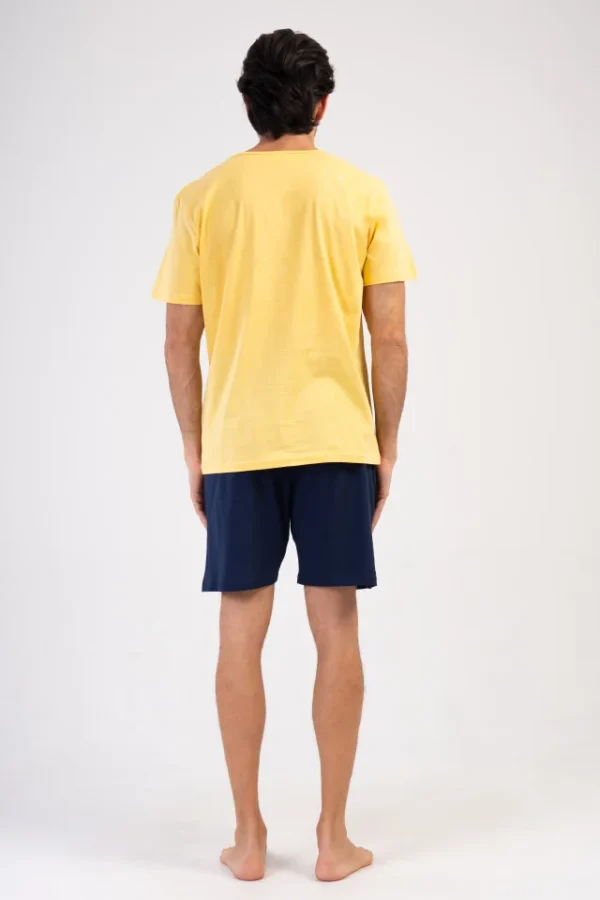 Pijamale barbati, Vienetta Man, model Espace, bumbac, buzunare, galben/bleumarin - imagine 2