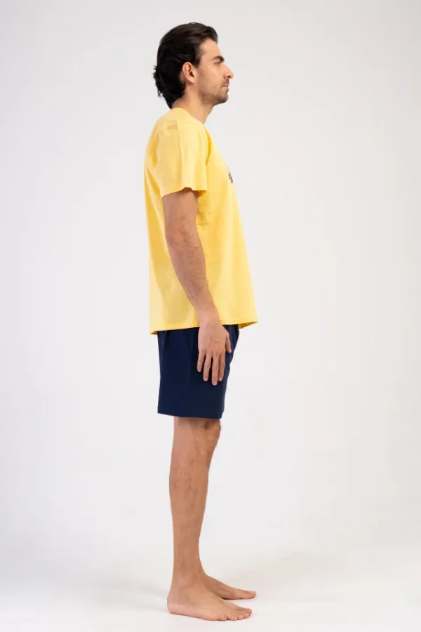 Pijamale barbati, Vienetta Man, model Espace, bumbac, buzunare, galben/bleumarin - imagine 3