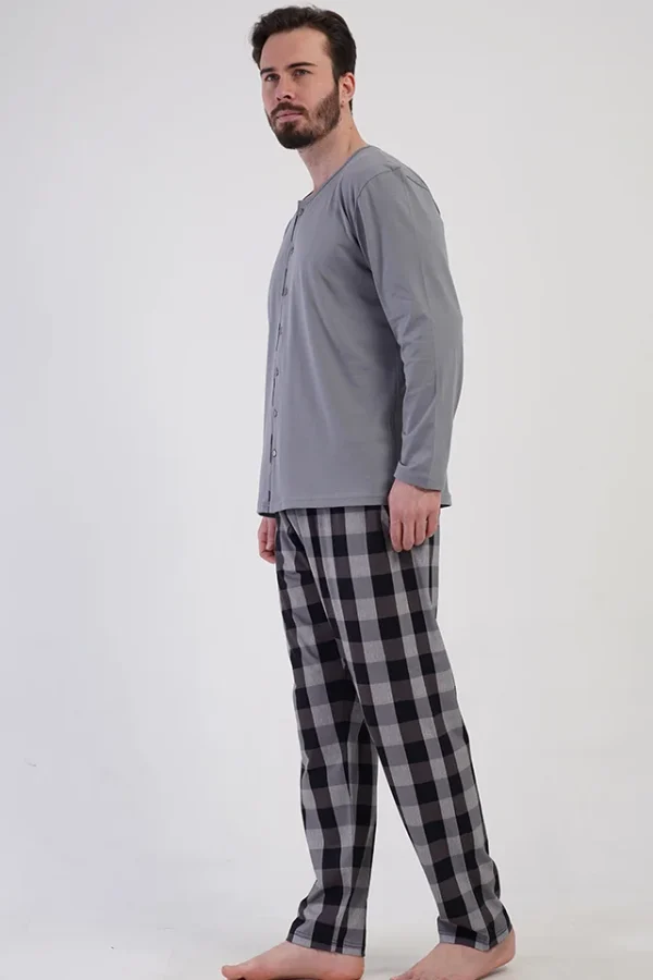 Pijamale barbati, Vienetta Man, model Classic Button, bluza cu nasturi, buzunare, bumbac - imagine 3