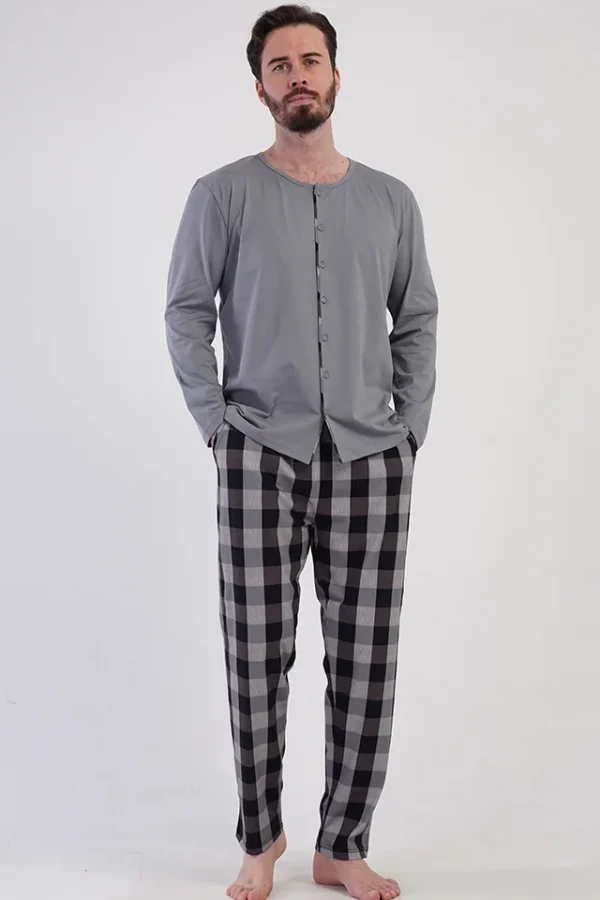 Pijamale barbati, Vienetta Man, model Classic Button, bluza cu nasturi, buzunare, bumbac - imagine 4