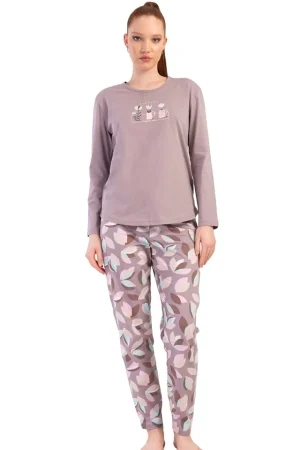 Pijamale dama, Vienetta, model Find your own coffee, bumbac, bej/mov