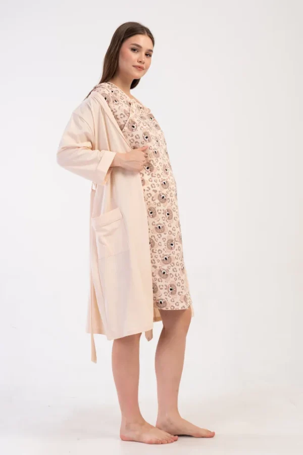 Compleu gravida, Vienetta, model Brown Cocoon, halat si camasa pentru alaptat cu orificii laterale pentru alaptat incheiate cu nasturi, bumbac, cordon in talie, buzunare, bej/maro - imagine 3