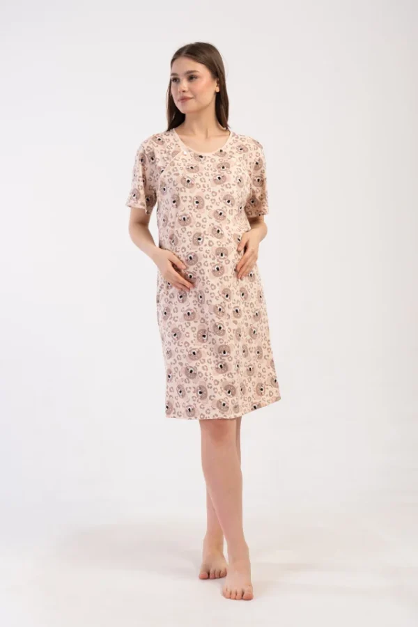 Compleu gravida, Vienetta, model Brown Cocoon, halat si camasa pentru alaptat cu orificii laterale pentru alaptat incheiate cu nasturi, bumbac, cordon in talie, buzunare, bej/maro - imagine 4