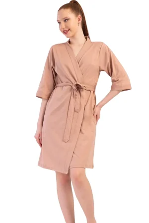 Halat dama, Vienetta, model Elegant - Carolina, bumbac, buzunare, cordon ajustabil in talie, cappuccino/camel
