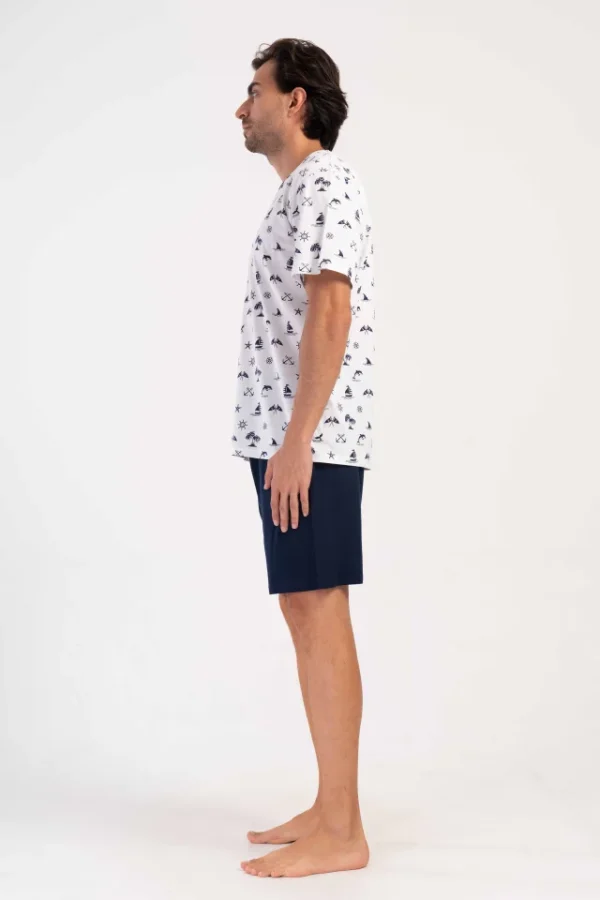Pijamale barbati, Vienetta Man, model Talvaires, bumbac, buzunare, alb/bleumarin - imagine 4