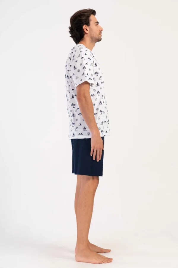 Pijamale barbati, Vienetta Man, model Talvaires, bumbac, buzunare, alb/bleumarin - imagine 3