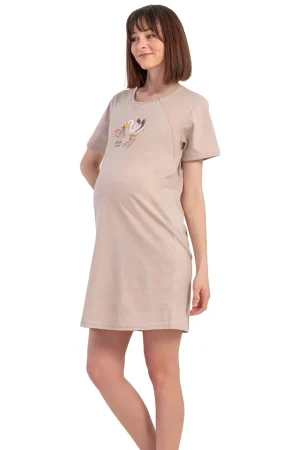 Camasa pentru alaptat, Vienetta, model Baby Stork, pentru mamici, bumbac, orificii laterale pentru alaptat incheiate cu fermoar, bej/maro
